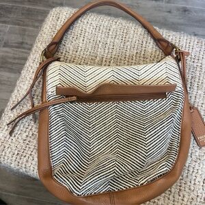 Fossil Rachel Woven Canvas Tote Bag‎ Zig Zag Beige Purse Handbag Herringbone